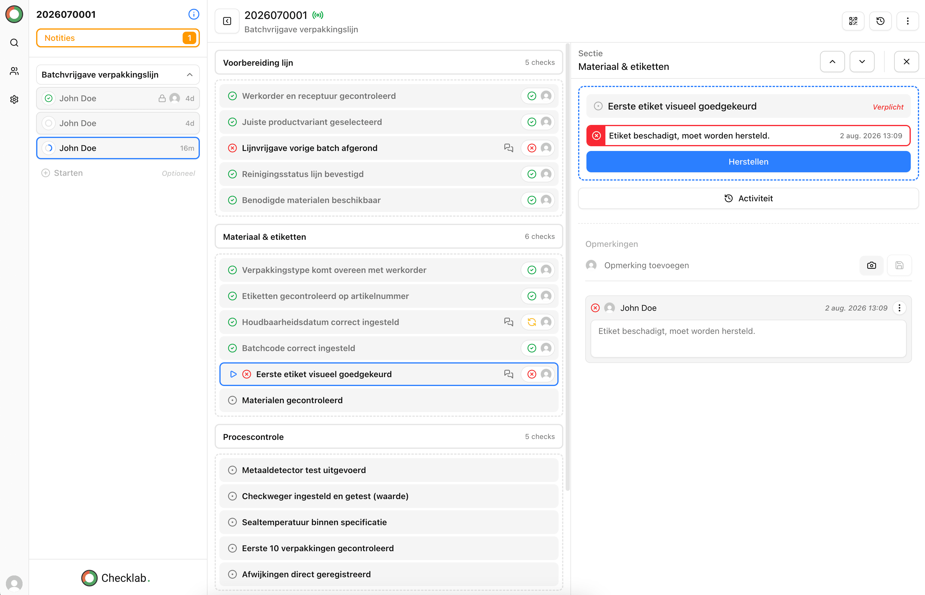 Checklab application showing a digital quality inspection