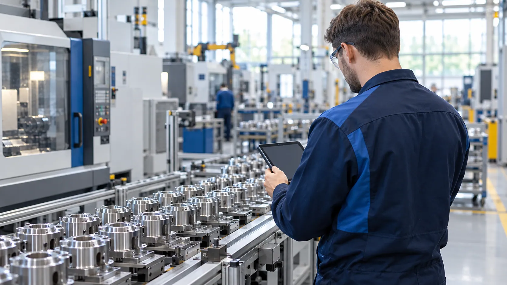 Worker uses a tablet to carry out a quality check in a factory