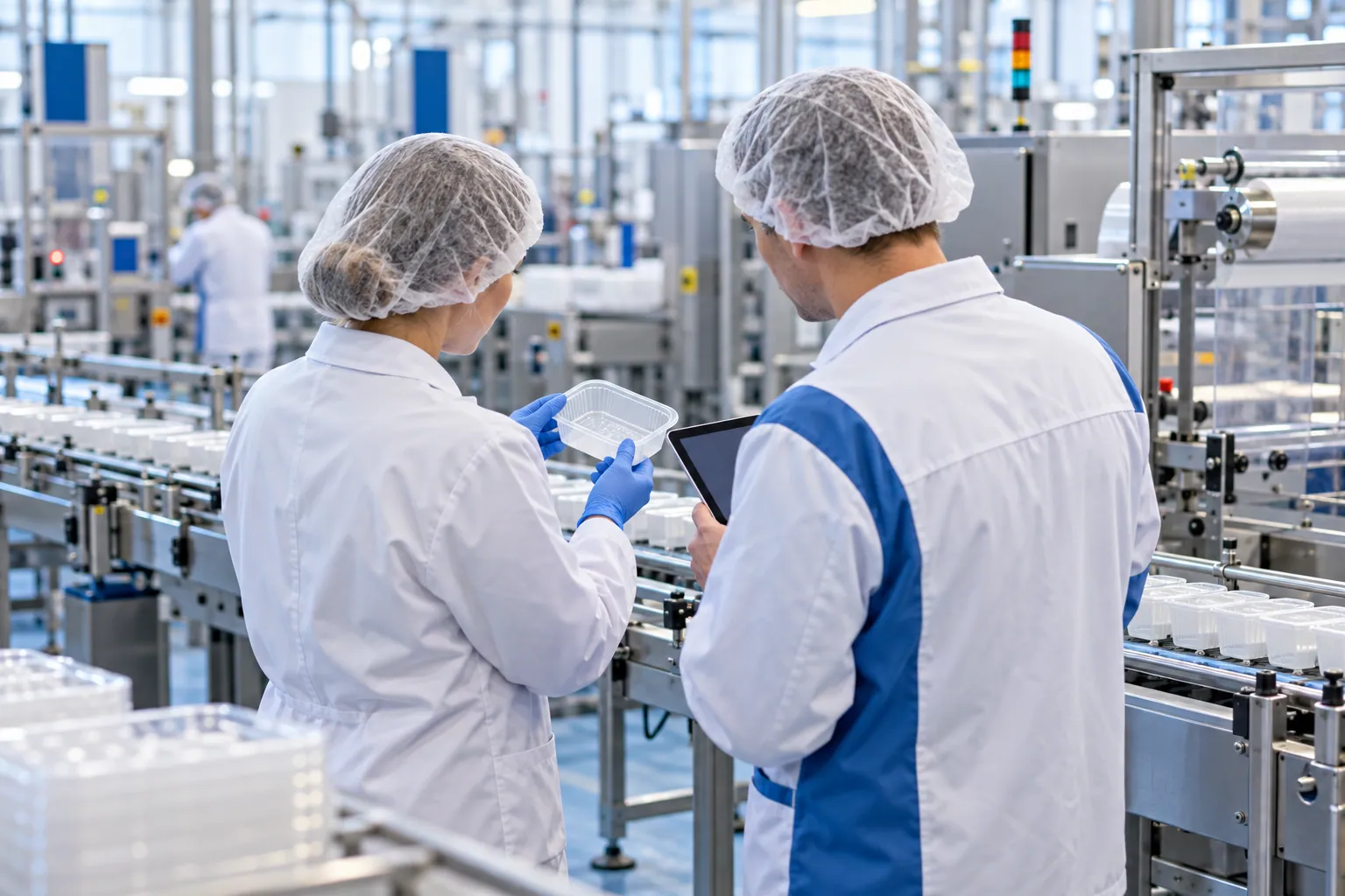 Quality team checks a production line with a tablet