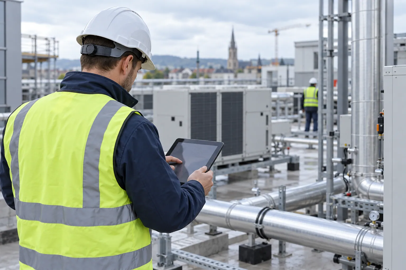 Worker uses a tablet for a quality check on site